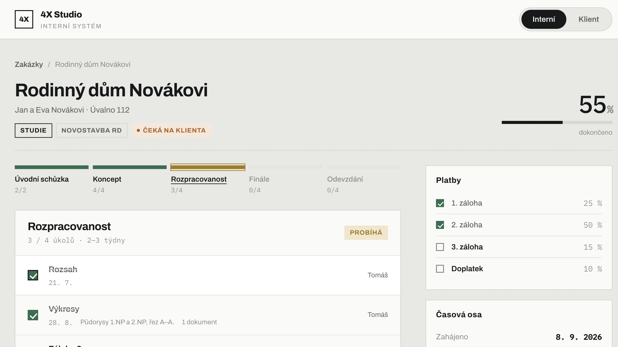 The architect's project dashboard: project title, 55% completion, workflow stages, task list and payment schedule